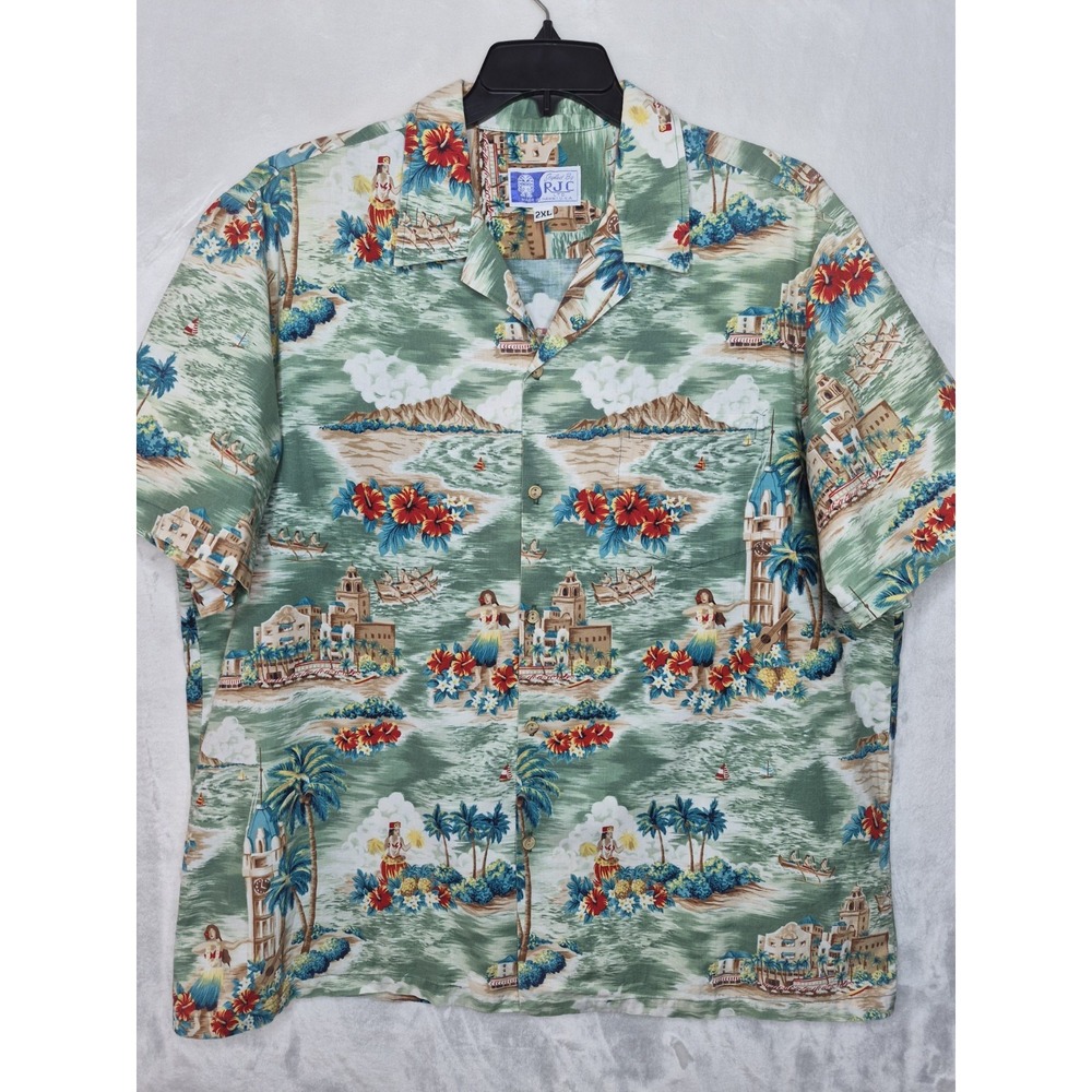 Vintage RJC Hawaiian Shirt Mens 2XL Sage Green Hula Girl Scenic USA Made 27x31